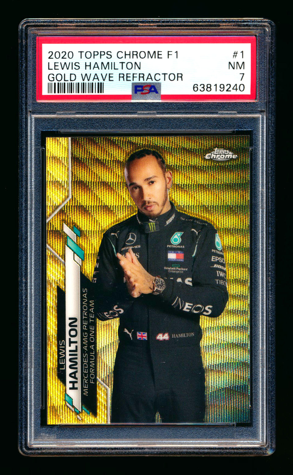 2020 Topps Chrome F1 #1 Lewis Hamilton RC Gold Wave Refractor Portrait #27/50 PSA 7