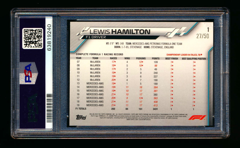 2020 Topps Chrome F1 #1 Lewis Hamilton RC Gold Wave Refractor Portrait #27/50 PSA 7