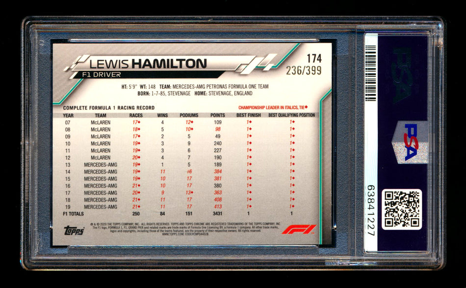 2020 Topps Chrome F1 #174 Lewis Hamilton RC Purple Refractor #236/399 PSA 10
