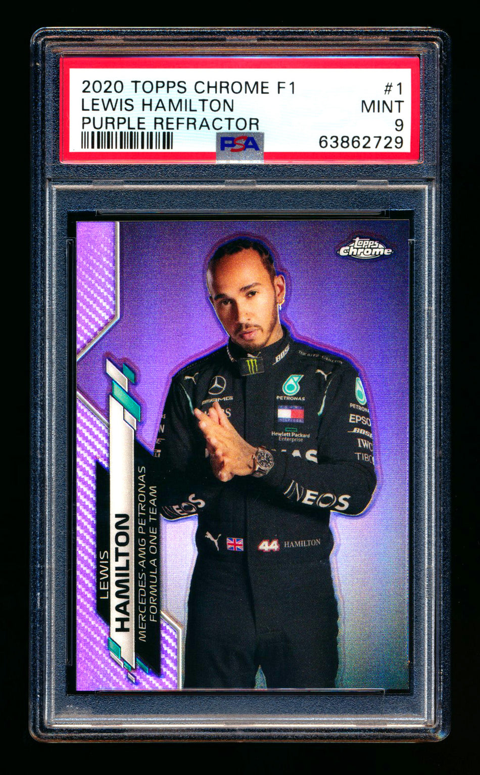 2020 Topps Chrome F1 #1 Lewis Hamilton RC Purple Refractor Portrait #125/399 PSA 9
