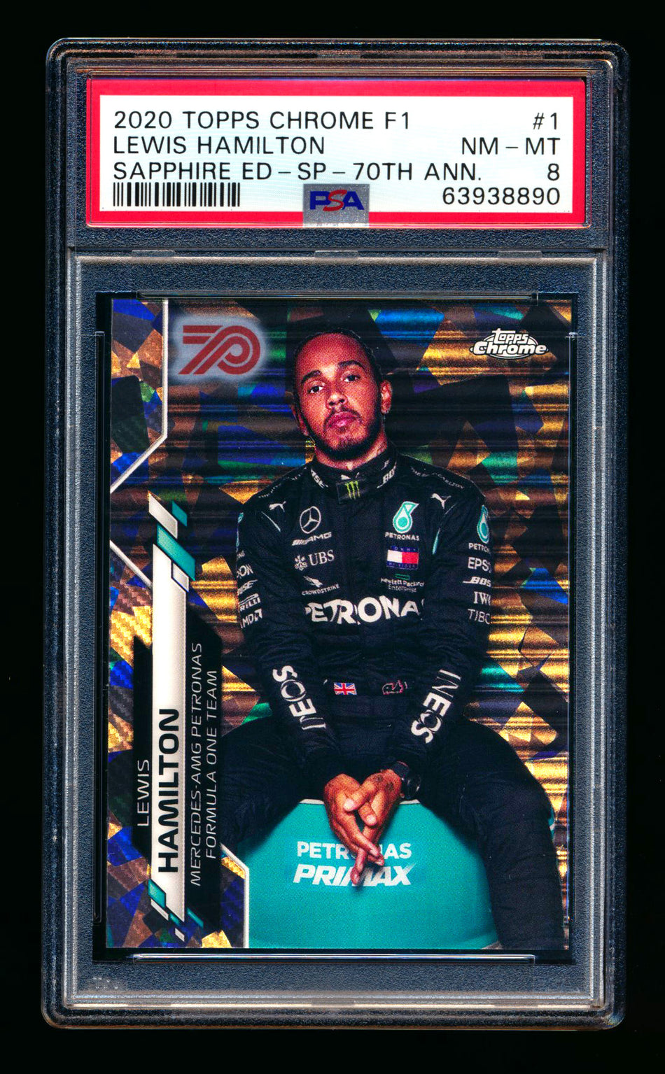 2020 Topps Chrome Sapphire F1 #1 Lewis Hamilton RC 70th Silver Refractor Image Variation SP #45/70 PSA 8