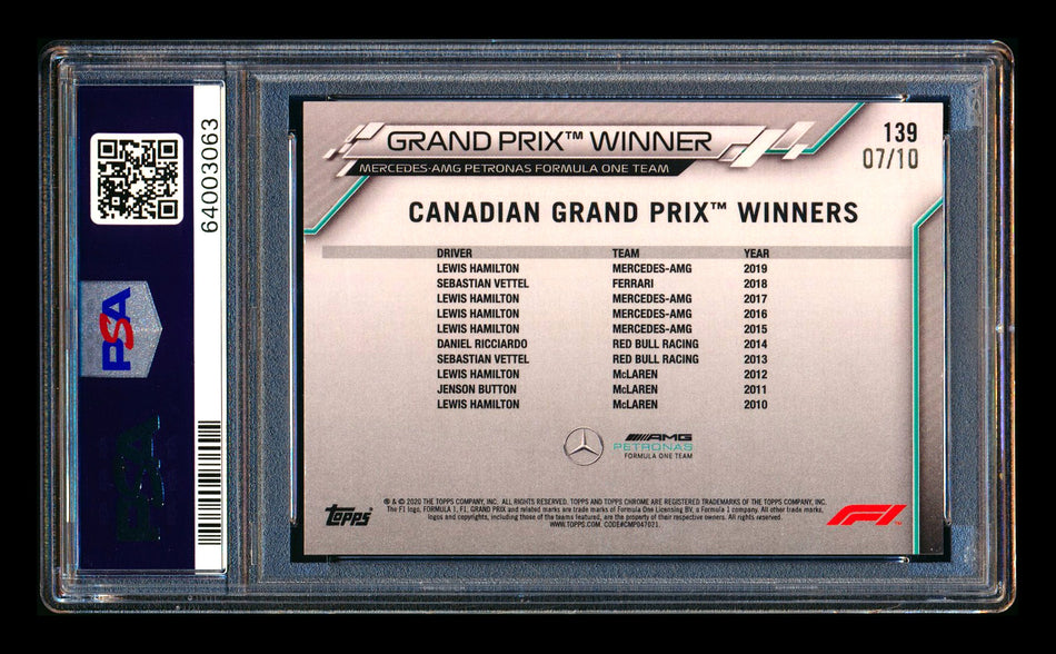 2020 Topps Chrome Sapphire F1 #139 Lewis Hamilton RC Purple Refractor #07/10 PSA 9