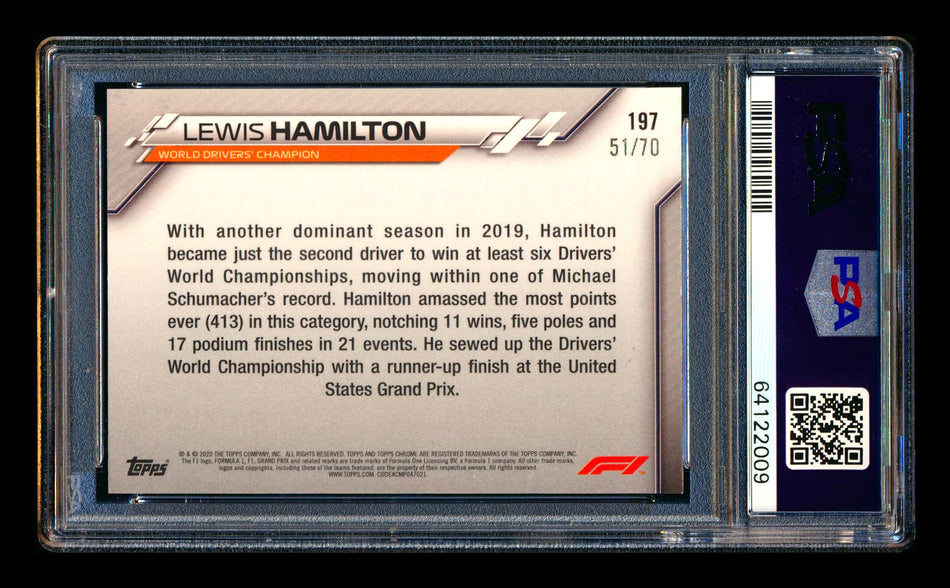2020 Topps Chrome Sapphire F1 #197 Lewis Hamilton RC 70th Silver Refractor #51/70 PSA 9