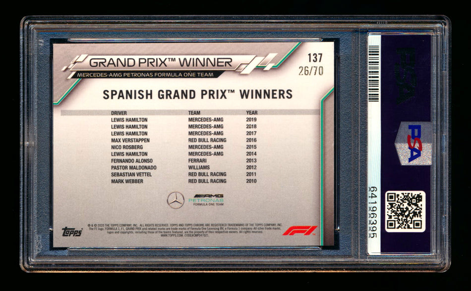 2020 Topps Chrome Sapphire F1 #137 Lewis Hamilton RC 70th Silver Refractor #26/70 PSA 9 ** (SOLD - $159.00 - 10/27/2024) **
