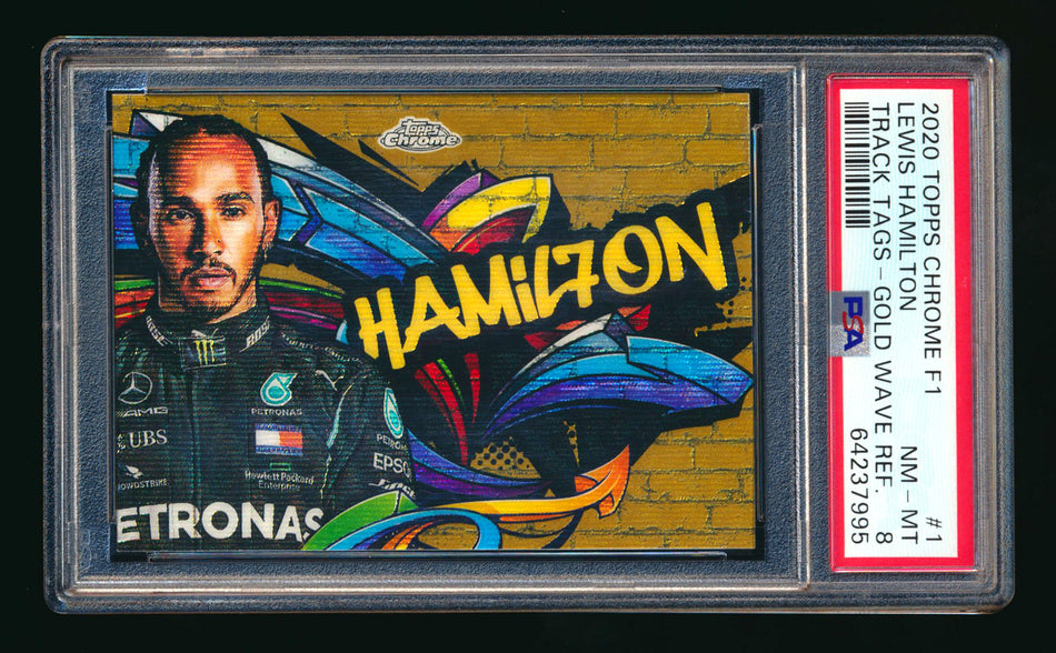 2020 Topps Chrome F1 Track Tags #TT-1 Lewis Hamilton RC Gold WAVE Refractor #21/50 PSA 8