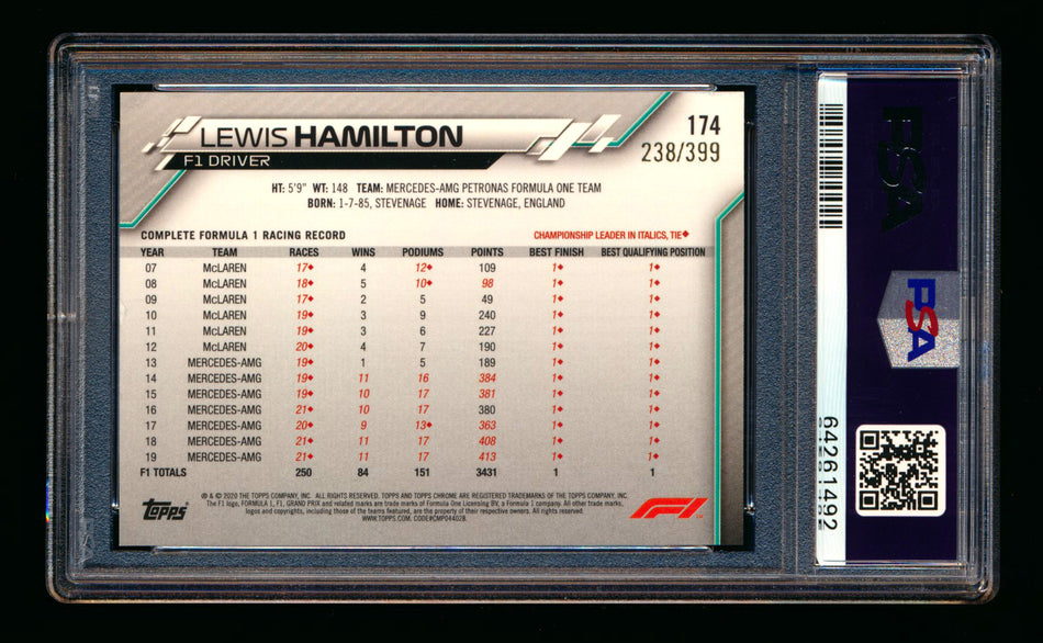 2020 Topps Chrome F1 #174 Lewis Hamilton RC Purple Refractor #238/399 PSA 10
