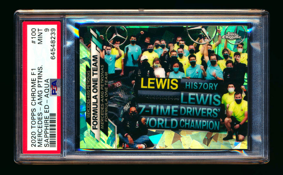 2020 Topps Chrome Sapphire F1 #100 Mercedes-AMG Petronas/Lewis Hamilton RC Aqua Refractor #13/99 PSA 9 ** (SOLD - $149.00 - 10/30/2024) **