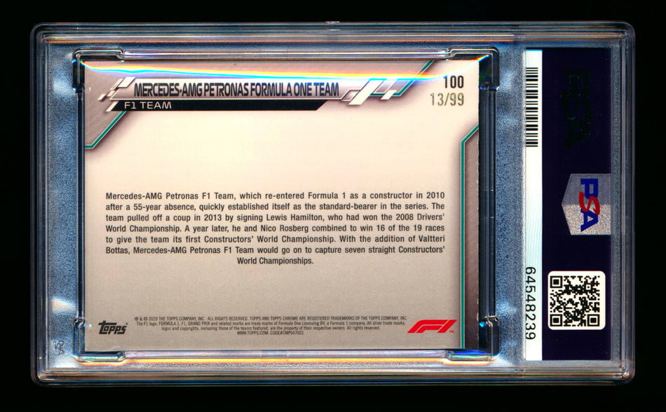 2020 Topps Chrome Sapphire F1 #100 Mercedes-AMG Petronas/Lewis Hamilton RC Aqua Refractor #13/99 PSA 9 ** (SOLD - $149.00 - 10/30/2024) **