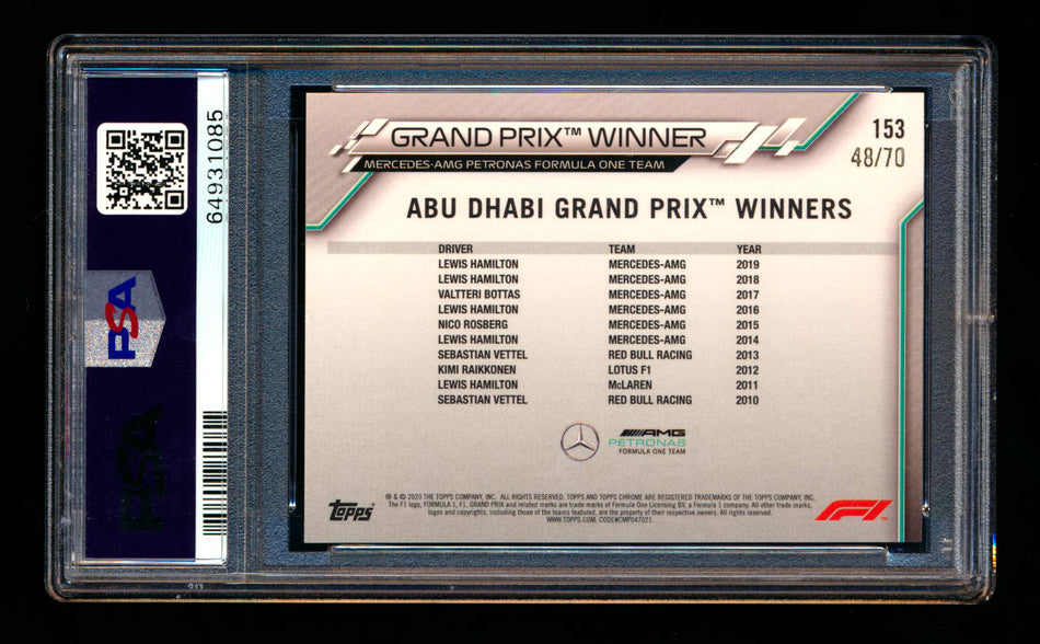 2020 Topps Chrome Sapphire F1 #153 Lewis Hamilton RC 70th Silver Refractor #48/70 PSA 8 ** (SOLD eBay - $95.00 - 2/11/2025) **