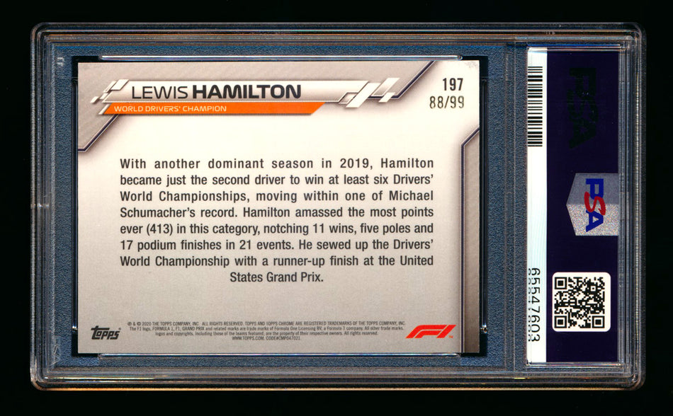 2020 Topps Chrome Sapphire F1 #197 Lewis Hamilton RC Aqua Refractor #88/99 PSA 10