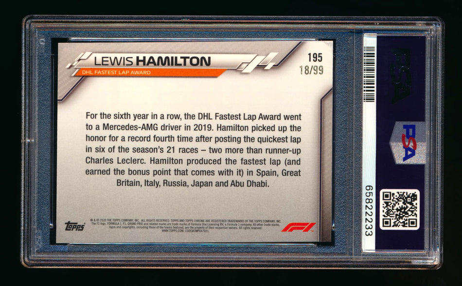 2020 Topps Chrome Sapphire F1 #195 Lewis Hamilton RC Aqua Refractor #18/99 PSA 10