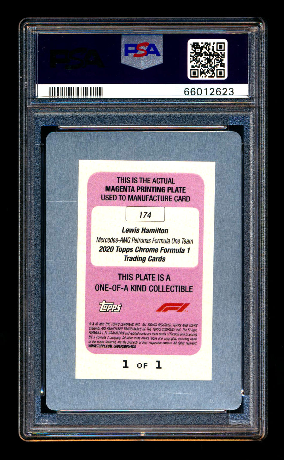 2020 Topps Chrome F1 #174 Lewis Hamilton RC Magenta Printing Plate #1/1 PSA Authentic - POP 1!