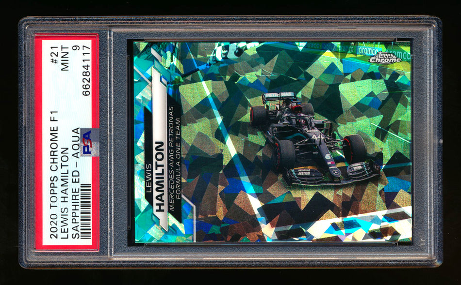 2020 Topps Chrome Sapphire F1 #21 Lewis Hamilton RC Aqua Refractor #56/99 PSA 9