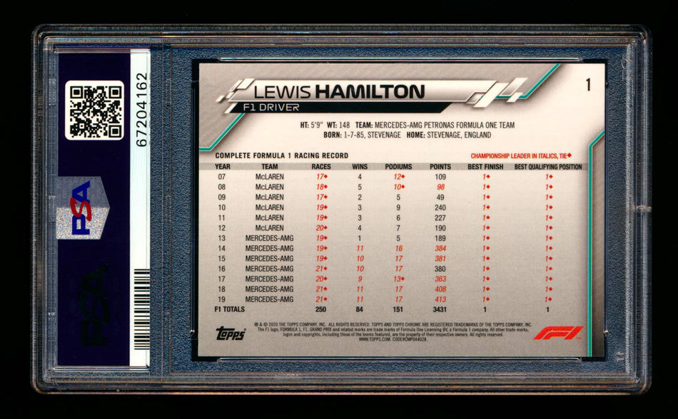 2020 Topps Chrome F1 #1 Lewis Hamilton RC Portrait PSA 10
