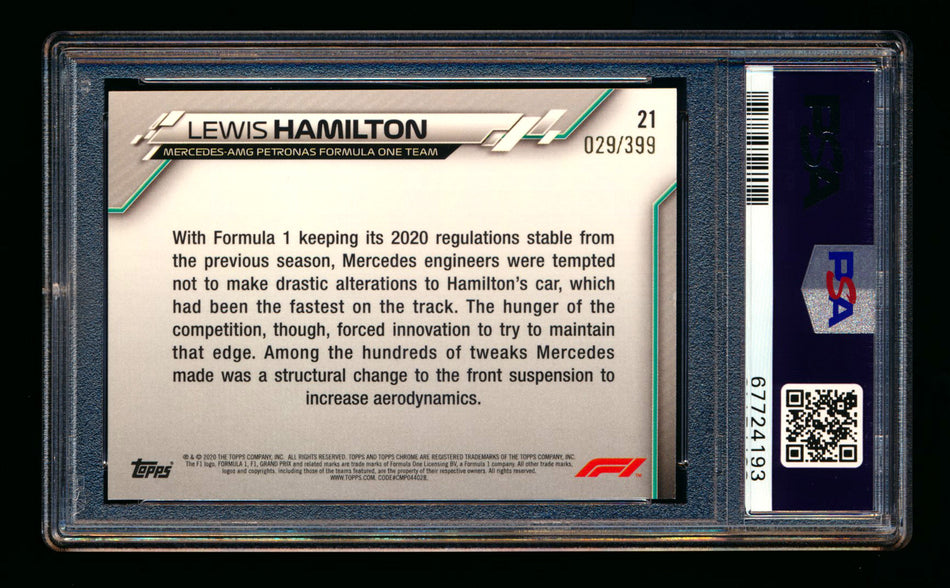 2020 Topps Chrome F1 #21 Lewis Hamilton RC Purple Refractor #029/399 PSA 8