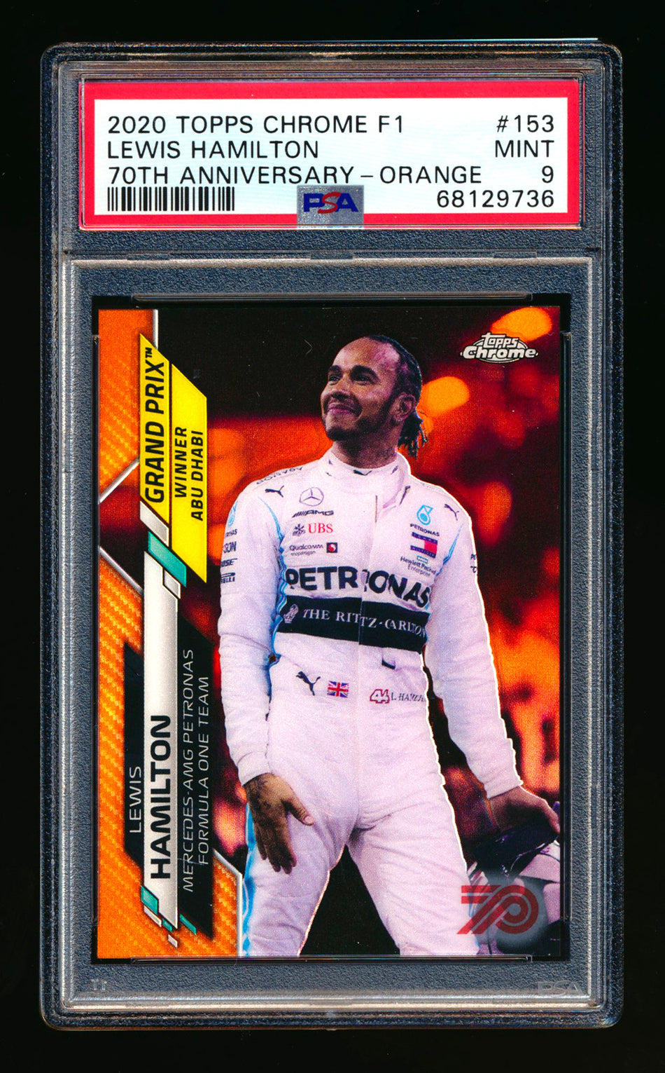 2020 Topps Chrome F1 #153 Lewis Hamilton RC 70th Anniversary Orange Refractor PSA 9