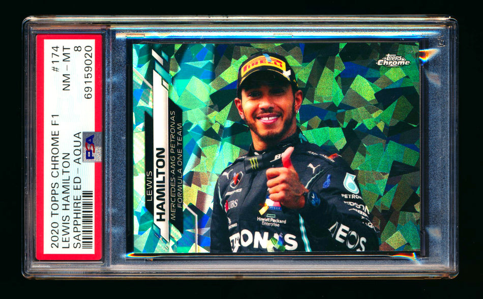 2020 Topps Chrome Sapphire F1 #174 Lewis Hamilton RC Aqua Refractor #97/99 PSA 8 ** (SOLD - $109.00 - 10/23/2024) **