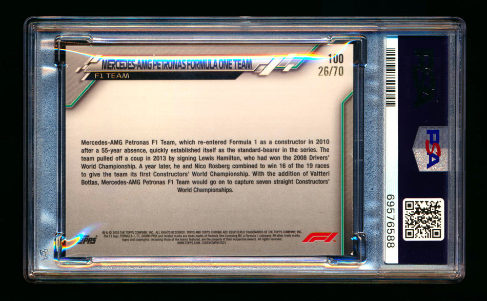 2020 Topps Chrome Sapphire F1 #100 Mercedes-AMG Petronas/Lewis Hamilton RC 70th Silver Refractor #26/70 PSA 8