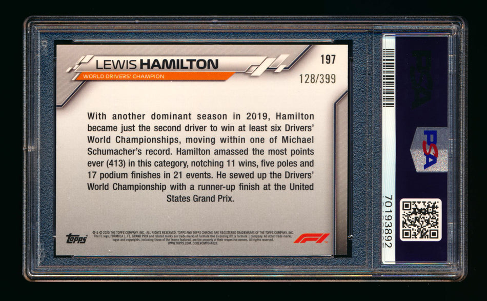 2020 Topps Chrome F1 #197 Lewis Hamilton RC Purple Refractor #128/399 PSA 9 ** (SOLD - $69.00 - 10/23/2024) **