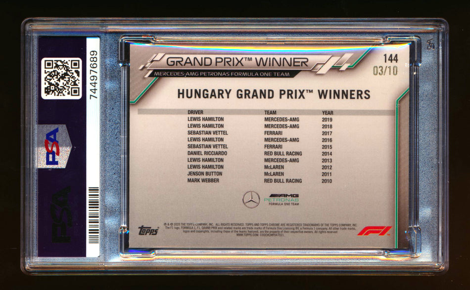 2020 Topps Chrome Sapphire F1 #144 Lewis Hamilton RC Purple Refractor #03/10 PSA 9 ** (SOLD - $795.00 - 10/27/2024) **