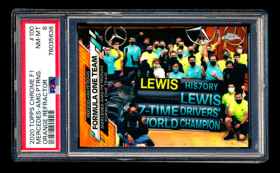 2020 Topps Chrome F1 #100 Mercedes-AMG Petronas/Lewis Hamilton RC Orange Refractor #21/25 PSA 8