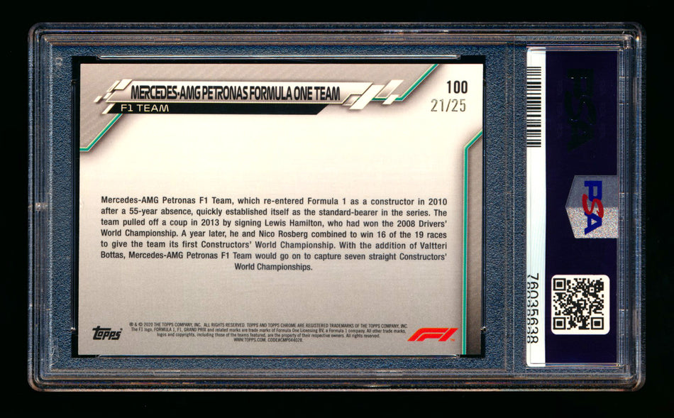 2020 Topps Chrome F1 #100 Mercedes-AMG Petronas/Lewis Hamilton RC Orange Refractor #21/25 PSA 8