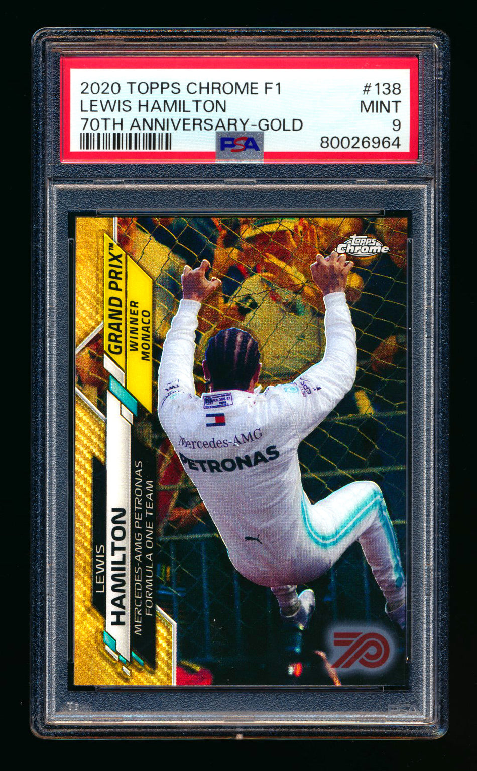 2020 Topps Chrome F1 #138 Lewis Hamilton RC 70th Anniversary Gold Refractor PSA 9