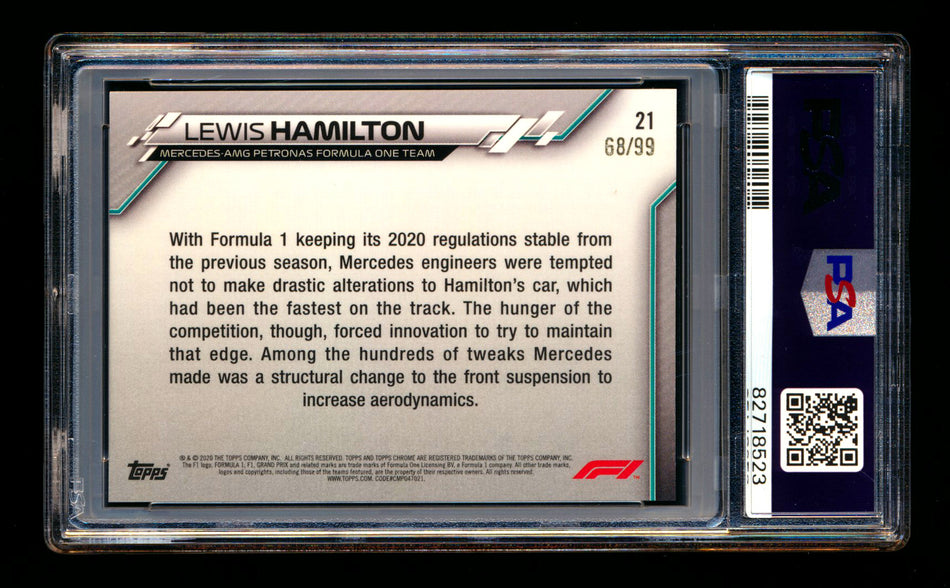 2020 Topps Chrome Sapphire F1 #21 Lewis Hamilton RC Aqua Refractor #68/99 PSA 10