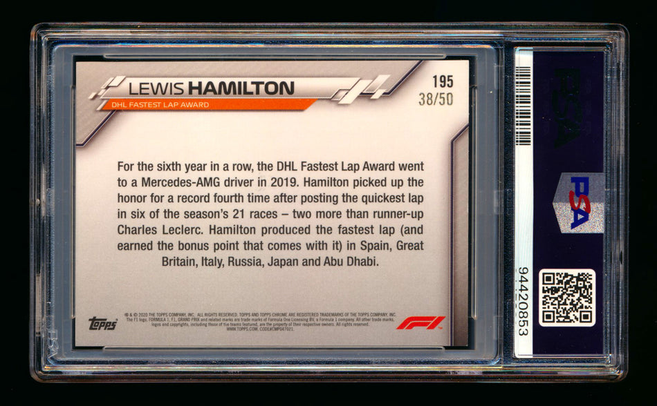 2020 Topps Chrome Sapphire F1 #195 Lewis Hamilton RC Gold Refractor #38/50 PSA 9