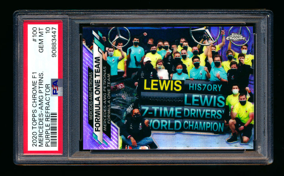 2020 Topps Chrome F1 #100 Mercedes-AMG Petronas/Lewis Hamilton RC Purple Refractor #396/399 PSA 10