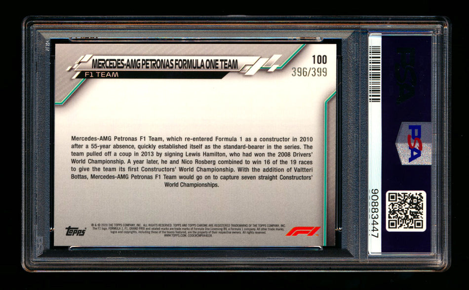 2020 Topps Chrome F1 #100 Mercedes-AMG Petronas/Lewis Hamilton RC Purple Refractor #396/399 PSA 10