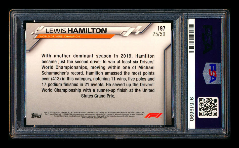 2020 Topps Chrome F1 #197 Lewis Hamilton RC Gold Wave Refractor #25/50 PSA 8