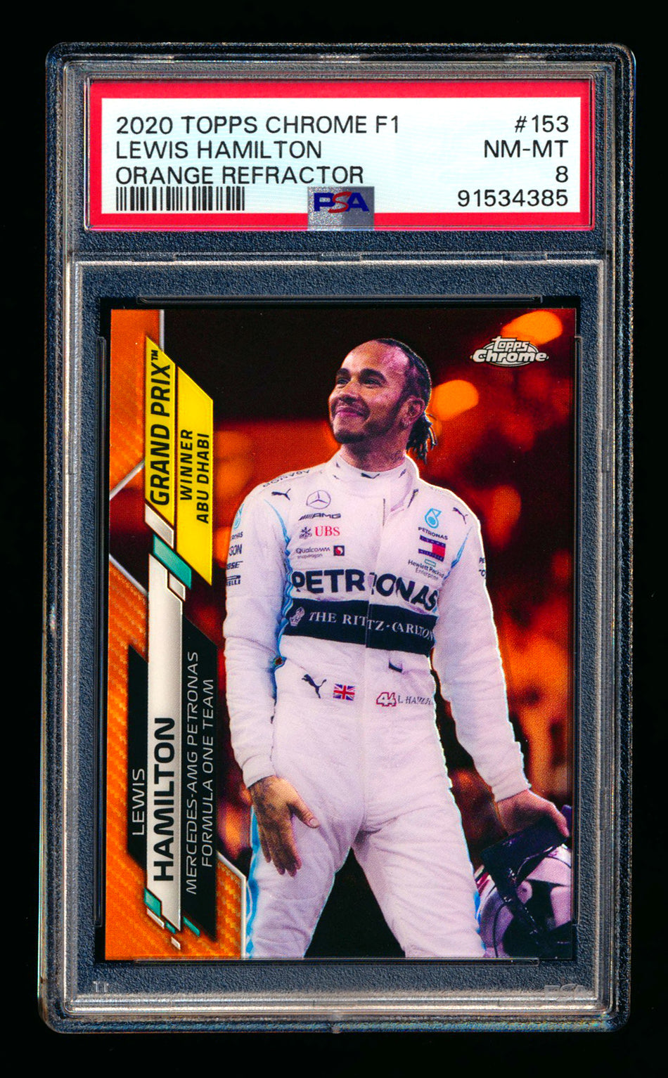 2020 Topps Chrome F1 #153 Lewis Hamilton RC Orange Refractor #11/25 PSA 8 ** (SOLD - $149.00 - 11/1/2024) **