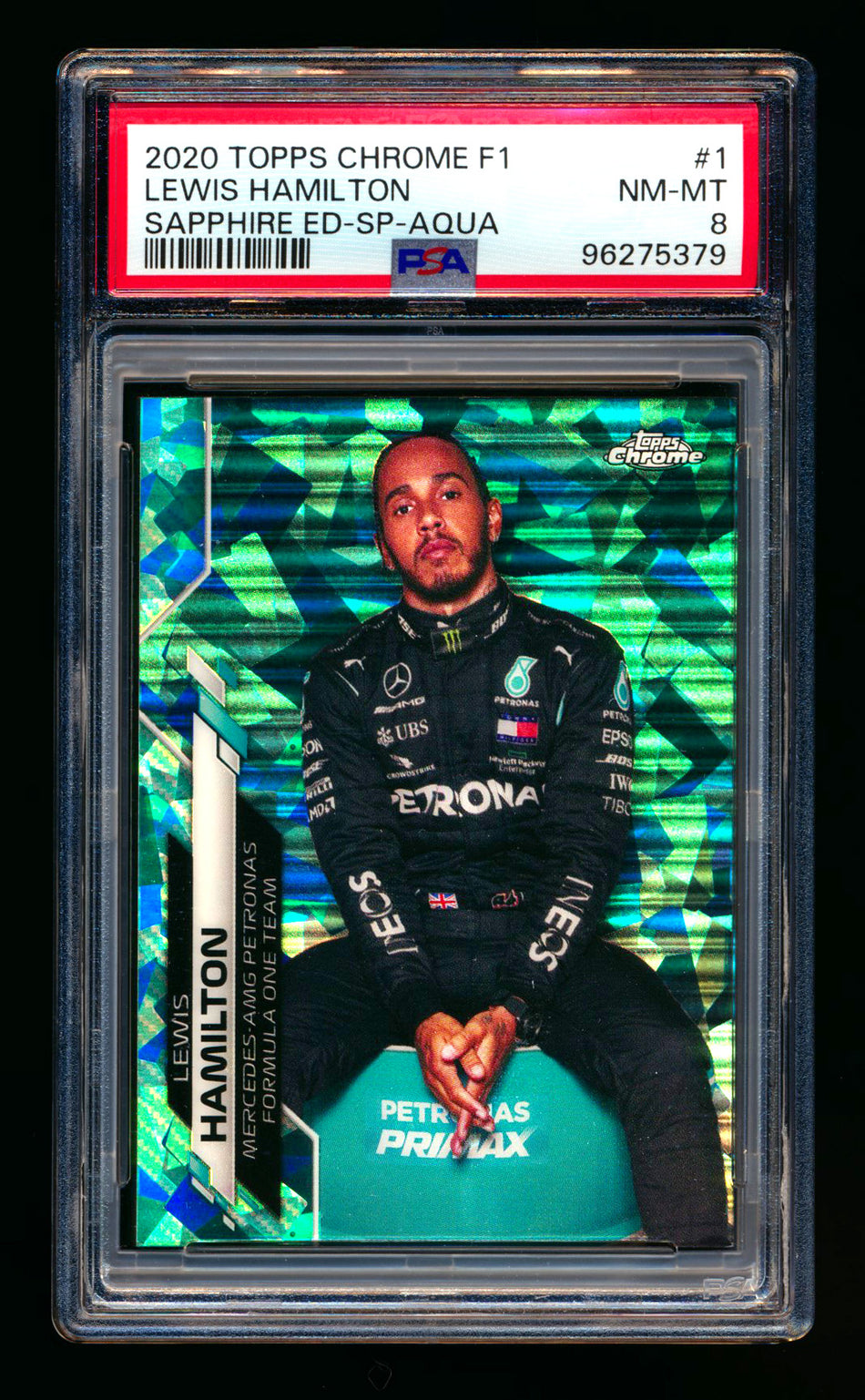 2020 Topps Chrome Sapphire F1 #1 Lewis Hamilton RC Aqua Refractor Image Variation SP #88/99 PSA 8