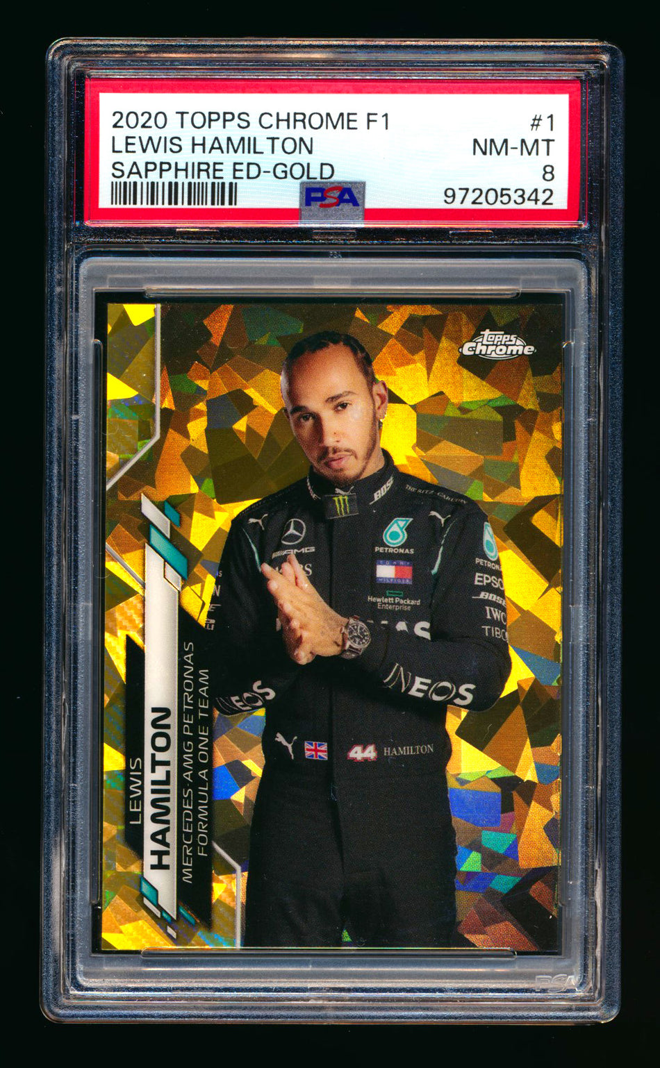 2020 Topps Chrome Sapphire F1 #1 Lewis Hamilton RC Gold Refractor Portrait #47/50 PSA 8