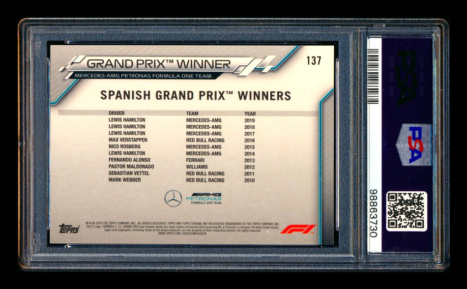 2020 Topps Chrome F1 #137 Lewis Hamilton RC 70th Anniversary Gold Refractor PSA 9