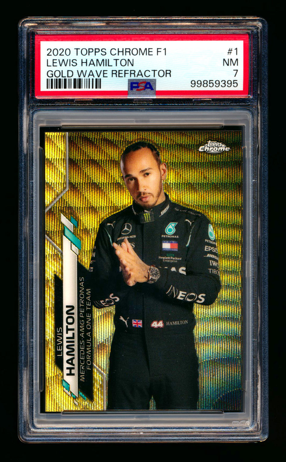 2020 Topps Chrome F1 #1 Lewis Hamilton RC Gold Wave Refractor Portrait #04/50 PSA 7