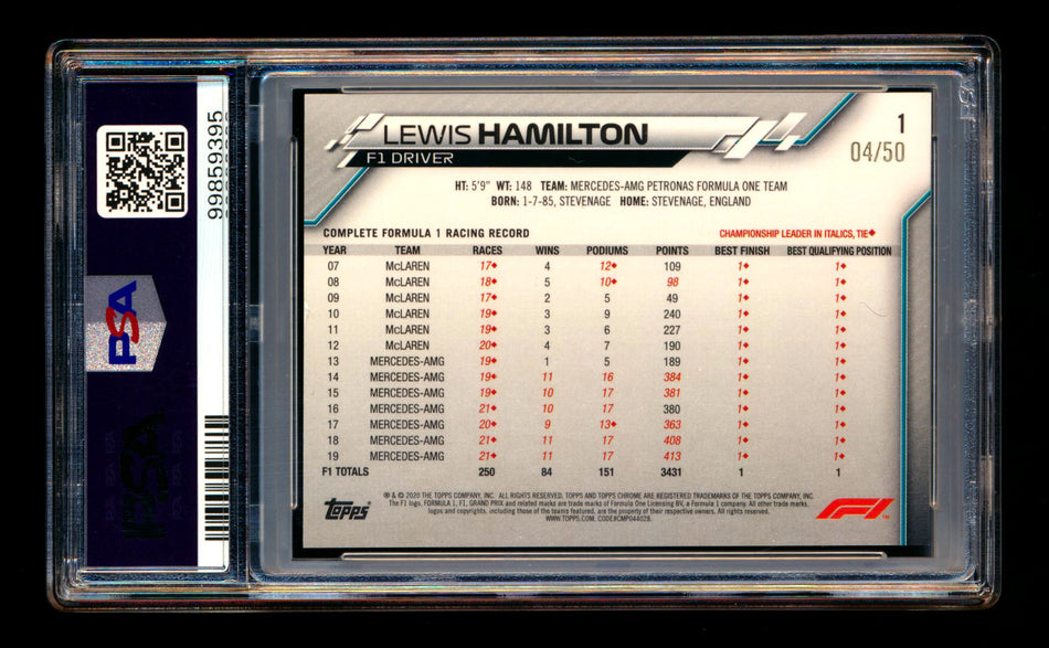 2020 Topps Chrome F1 #1 Lewis Hamilton RC Gold Wave Refractor Portrait #04/50 PSA 7