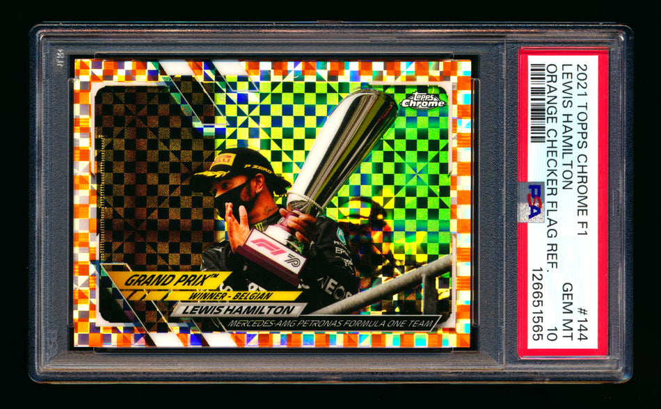 2021 Topps Chrome F1 #144 Lewis Hamilton Orange Checker Flag Refractor #13/25 PSA 10