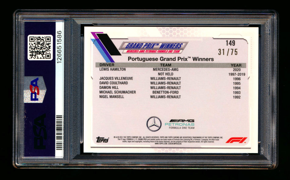 2021 Topps Chrome Sapphire F1 #149 Lewis Hamilton Green Refractor #31/75 PSA 10** (SOLD eBay - $89.00 - 5/27/2026) **