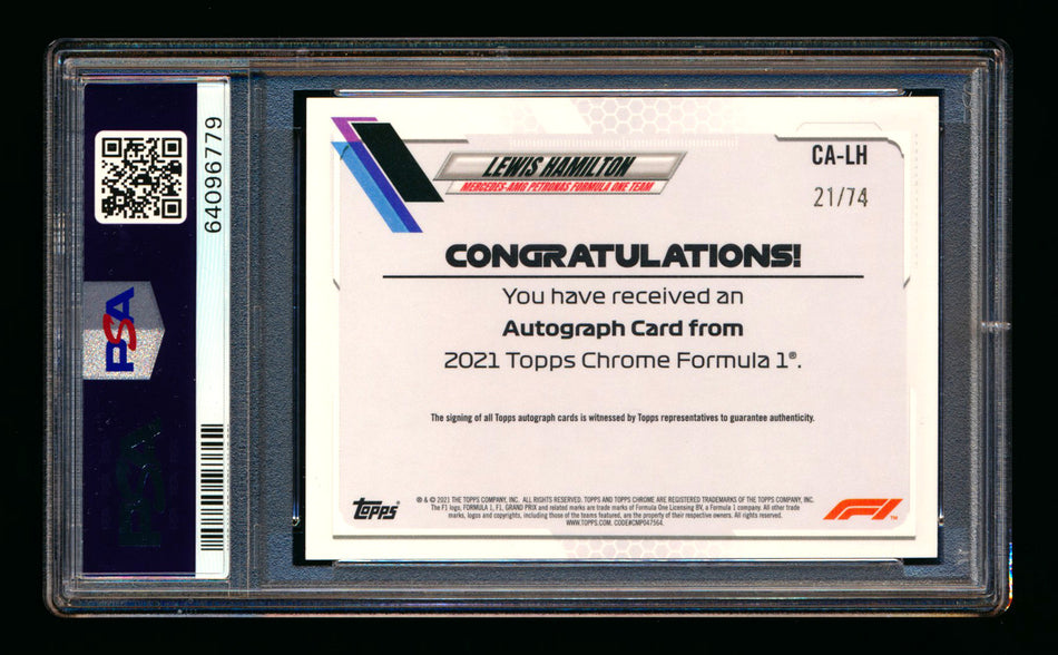 2021 Topps Chrome F1 #CA-LH Lewis Hamilton Refractor Autograph #21/74 PSA 9