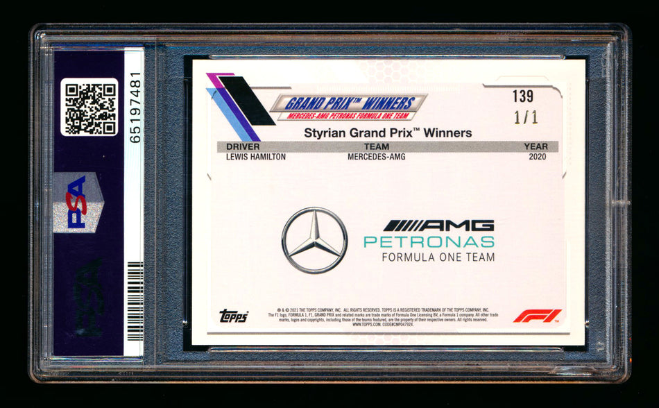 2021 Topps F1 #139 Lewis Hamilton Foilfractor #1/1 PSA 9