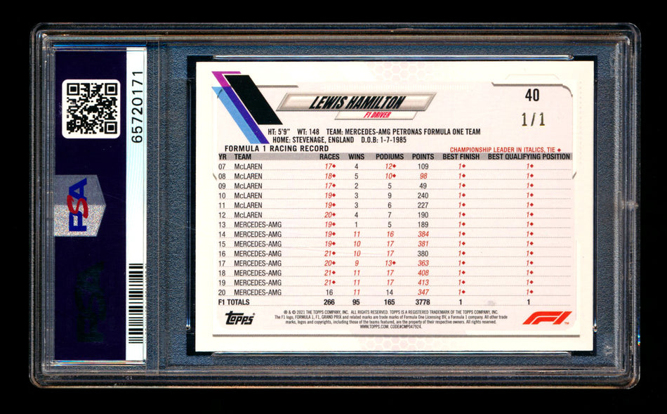 2021 Topps F1 #40 Lewis Hamilton Foilfractor #1/1 PSA 9
