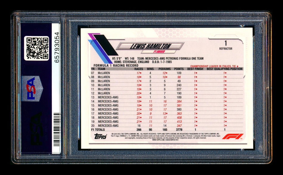 2021 Topps Chrome F1 #1 Lewis Hamilton Refractor Portrait PSA 10