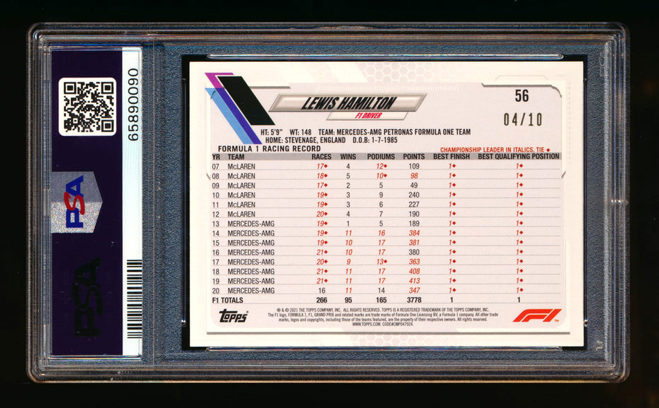 2021 Topps F1 #56 Lewis Hamilton Black Parallel #04/10 PSA 9 ** (SOLD - $349.00 - 10/29/2024) **