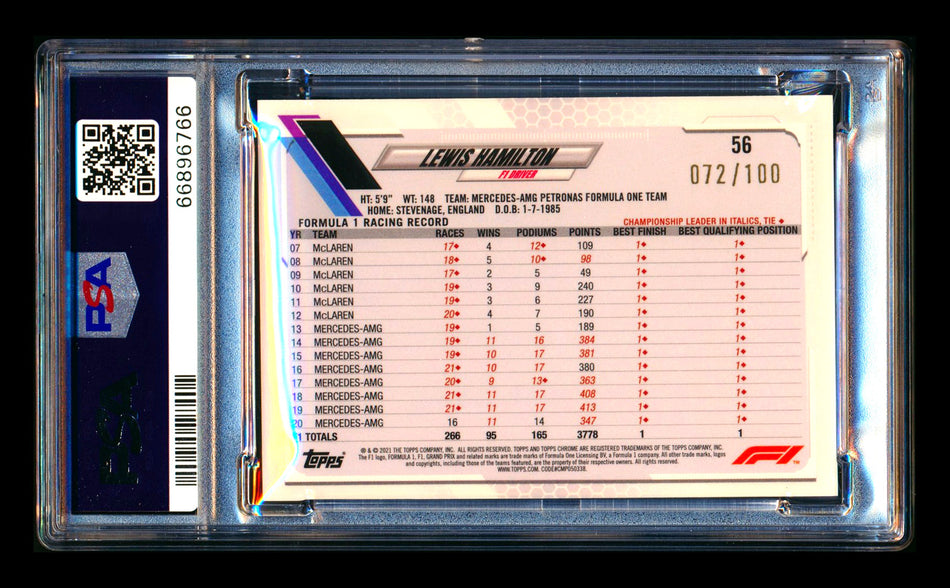 2021 Topps Chrome Sapphire F1 #56 Lewis Hamilton Negative Refractor #072/100 PSA 9