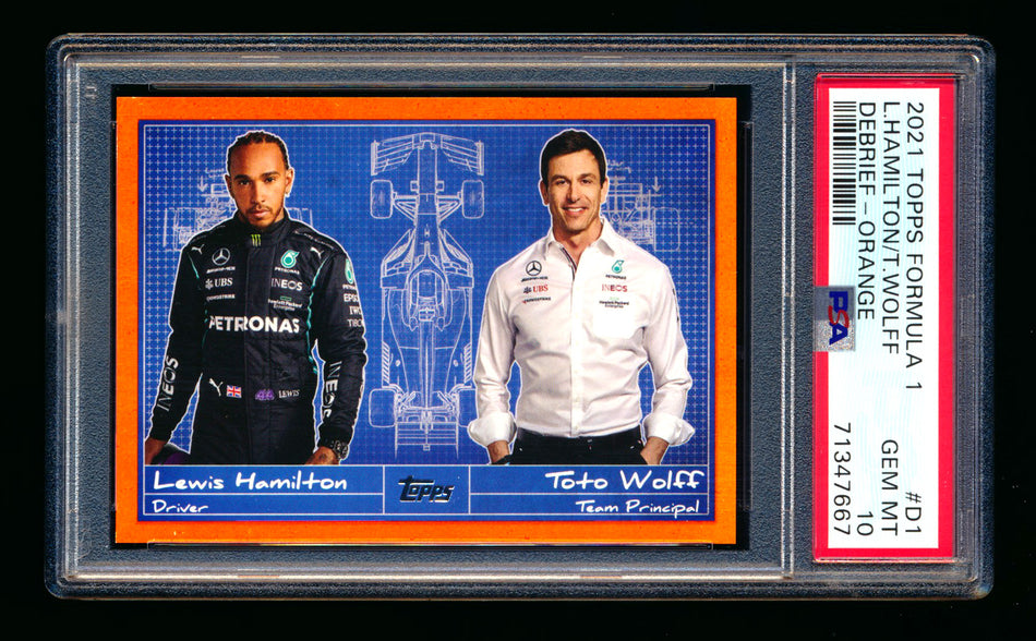 2021 Topps F1 Debrief #D1 Lewis Hamilton/Toto Wolff Orange Parallel #03/25 PSA 10