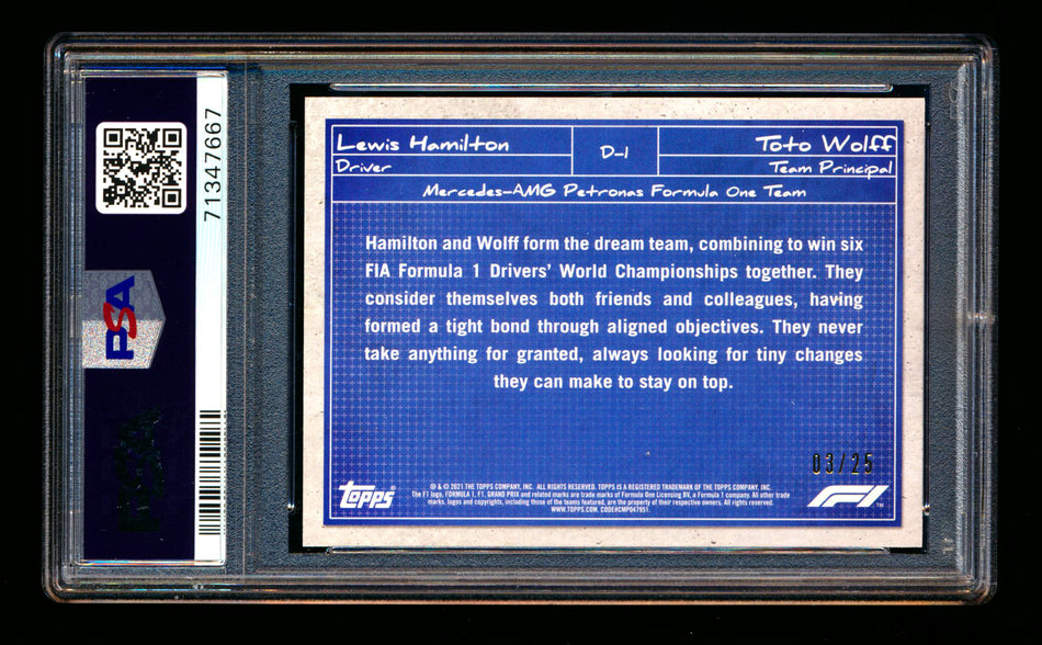 2021 Topps F1 Debrief #D1 Lewis Hamilton/Toto Wolff Orange Parallel #03/25 PSA 10