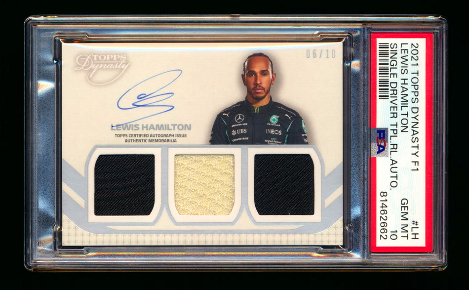 2021 Topps Dynasty F1 #SDT-LH Lewis Hamilton Triple Patch Autograph #06/10 PSA 10 Gem Mint