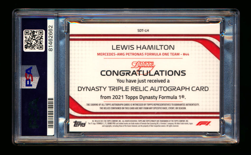 2021 Topps Dynasty F1 #SDT-LH Lewis Hamilton Triple Patch Autograph #06/10 PSA 10 Gem Mint